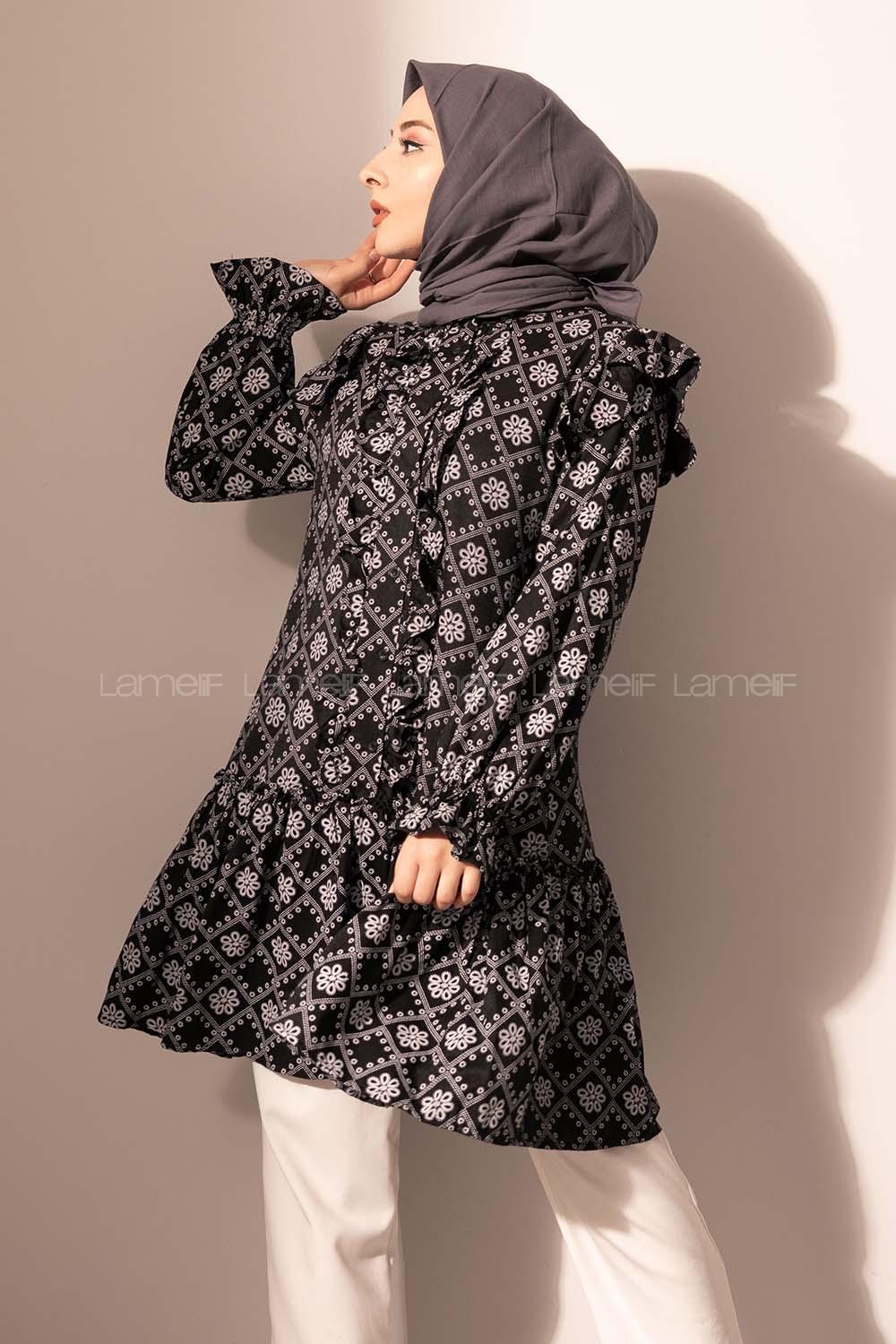 Modalamelif  Kol Lastikli Kilim Desen Tunik Siyah