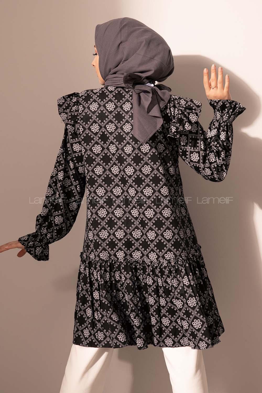 Modalamelif  Kol Lastikli Kilim Desen Tunik Siyah