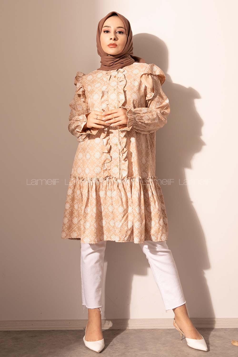 Modalamelif  Kol Lastikli Kilim Desen Tunik Sütlü kahve