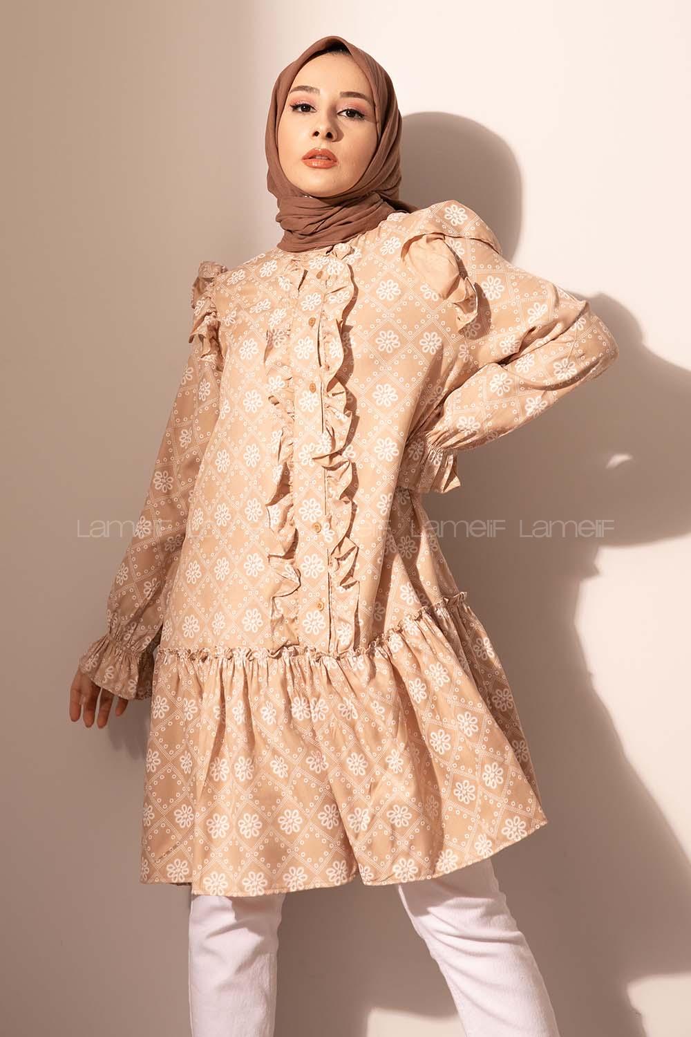 Modalamelif  Kol Lastikli Kilim Desen Tunik Sütlü kahve