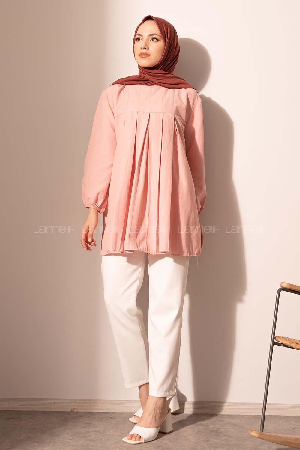 Modalamelif Kol Lastikli Pile Detaylı Tunik Pudra