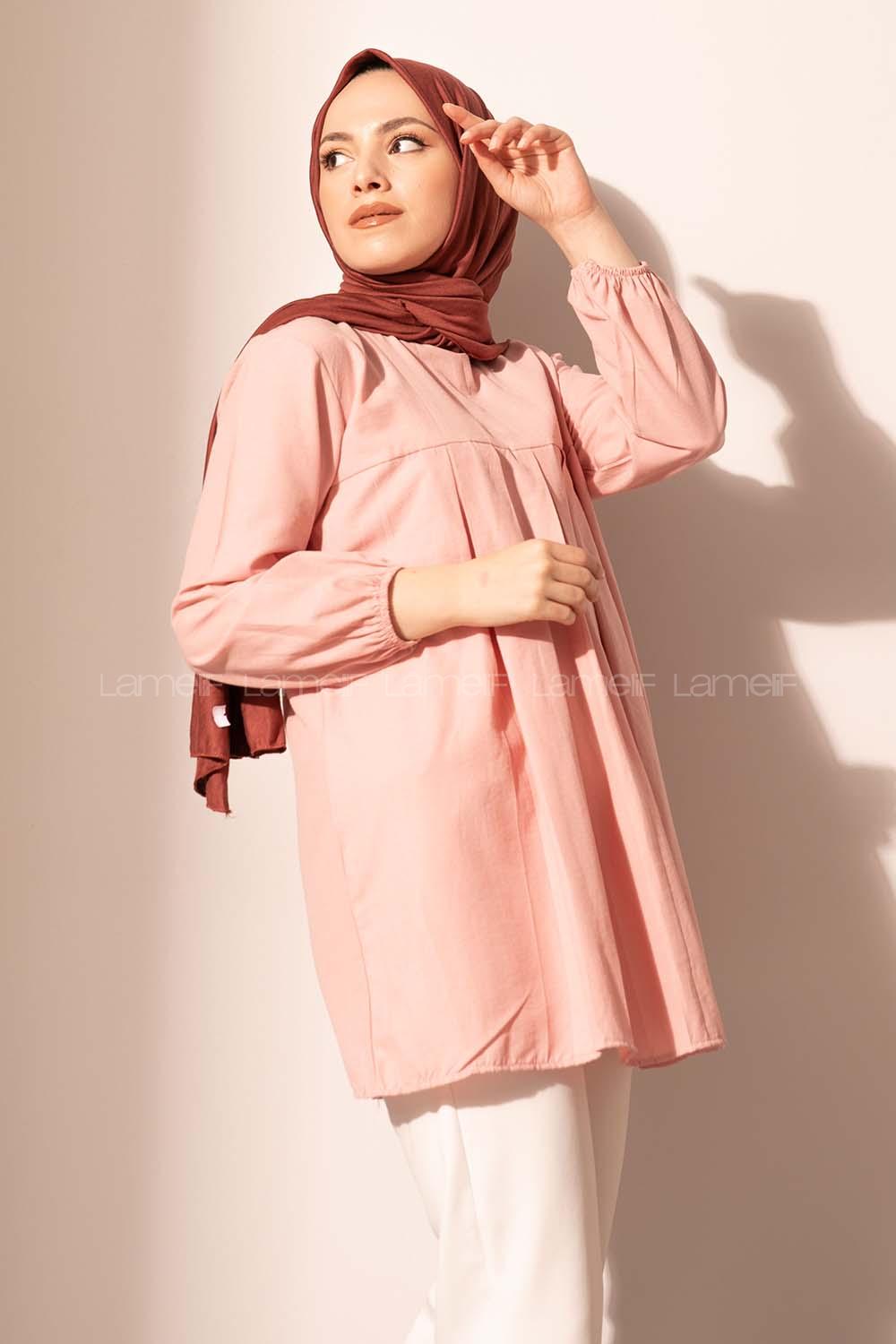 Modalamelif Kol Lastikli Pile Detaylı Tunik Pudra