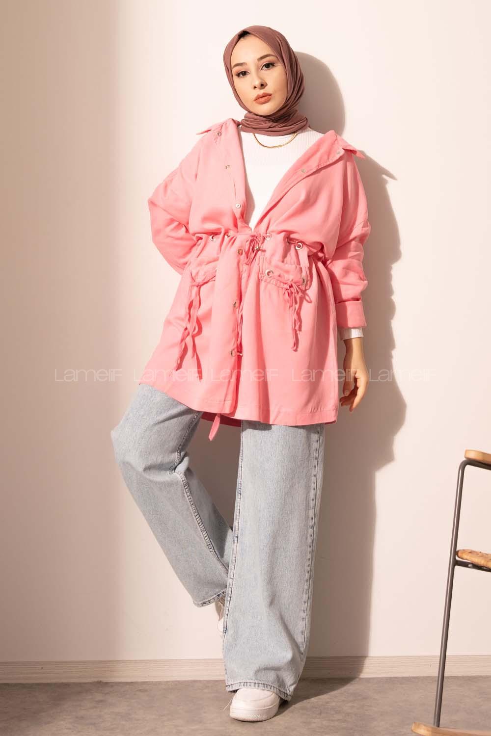 Modalamelif Kuşgözlü Bağcıklı Uzun Ceket Pembe