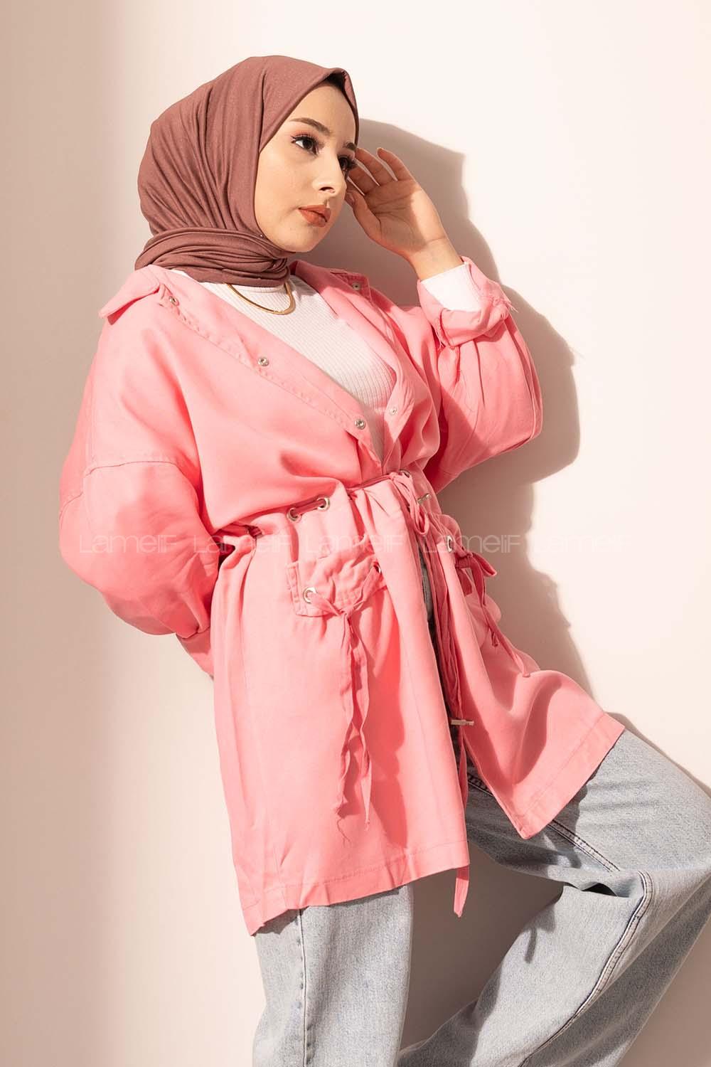 Modalamelif Kuşgözlü Bağcıklı Uzun Ceket Pembe