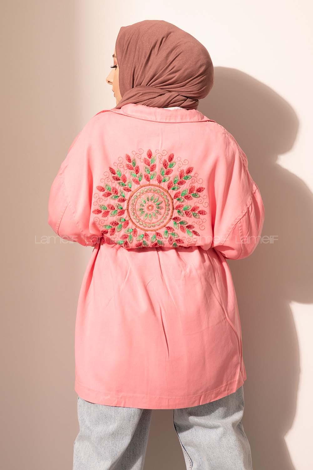 Modalamelif Kuşgözlü Bağcıklı Uzun Ceket Pembe