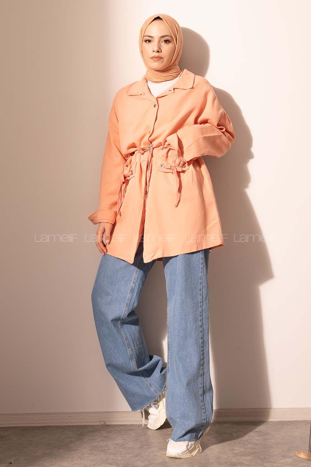 Modalamelif Kuşgözlü Bağcıklı Uzun Ceket Soft Pudra