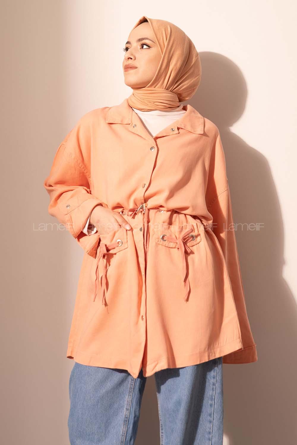 Modalamelif Kuşgözlü Bağcıklı Uzun Ceket Soft Pudra