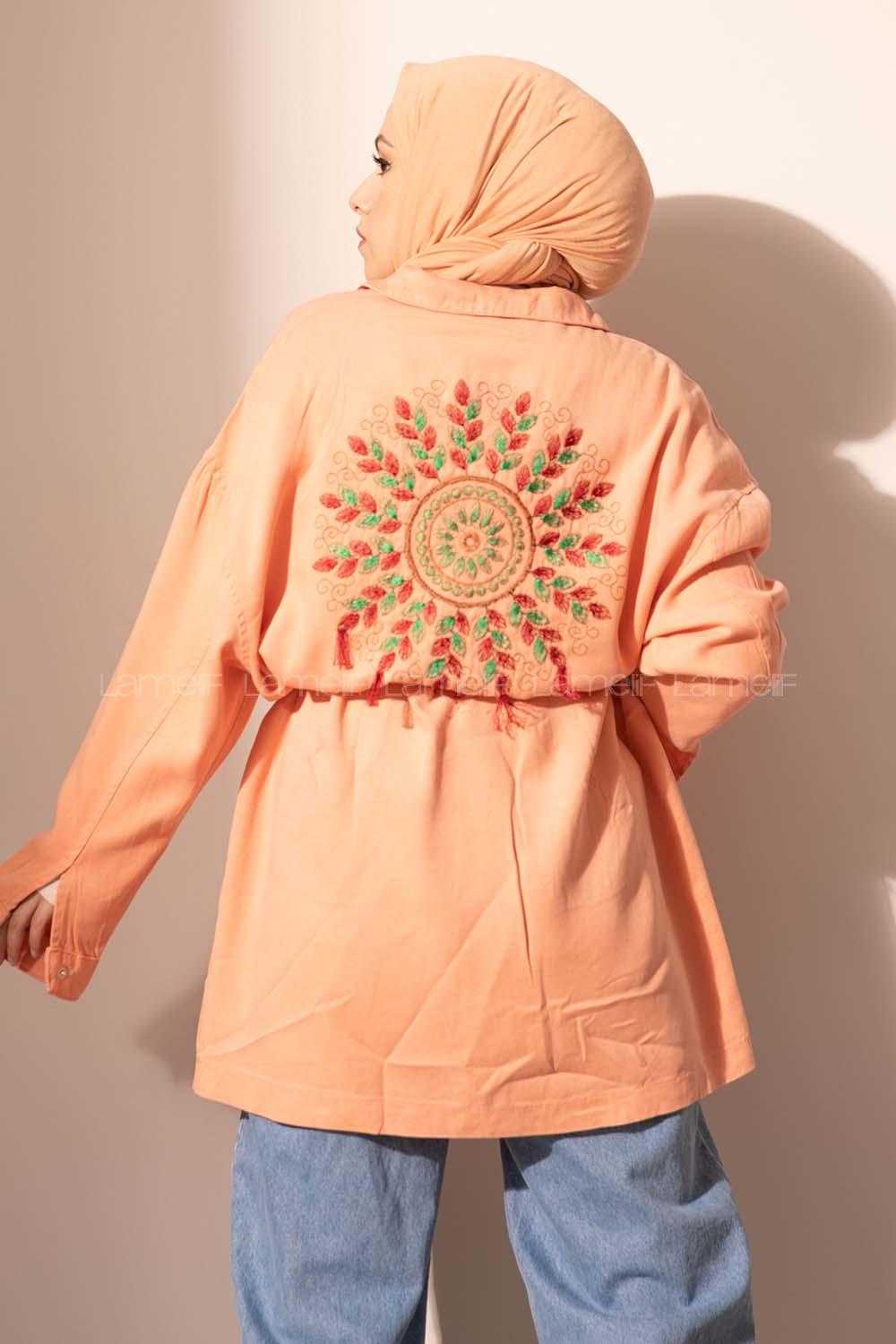 Modalamelif Kuşgözlü Bağcıklı Uzun Ceket Soft Pudra