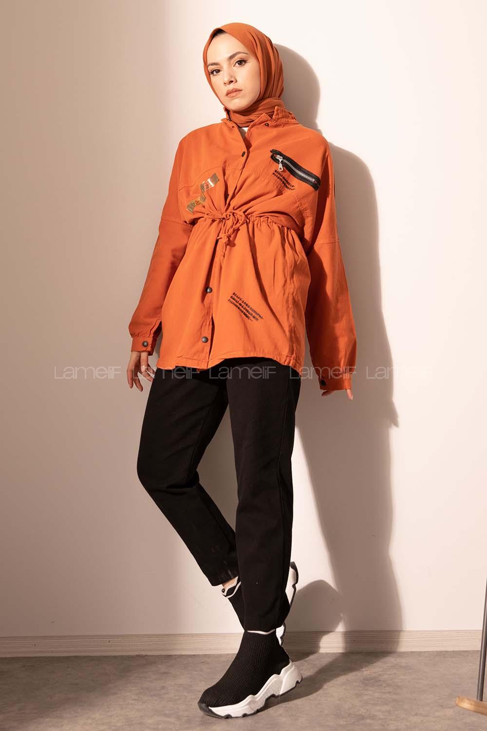 Modalamelif Kuşgözü Bağcıklı Gabardin Ceket Kiremit