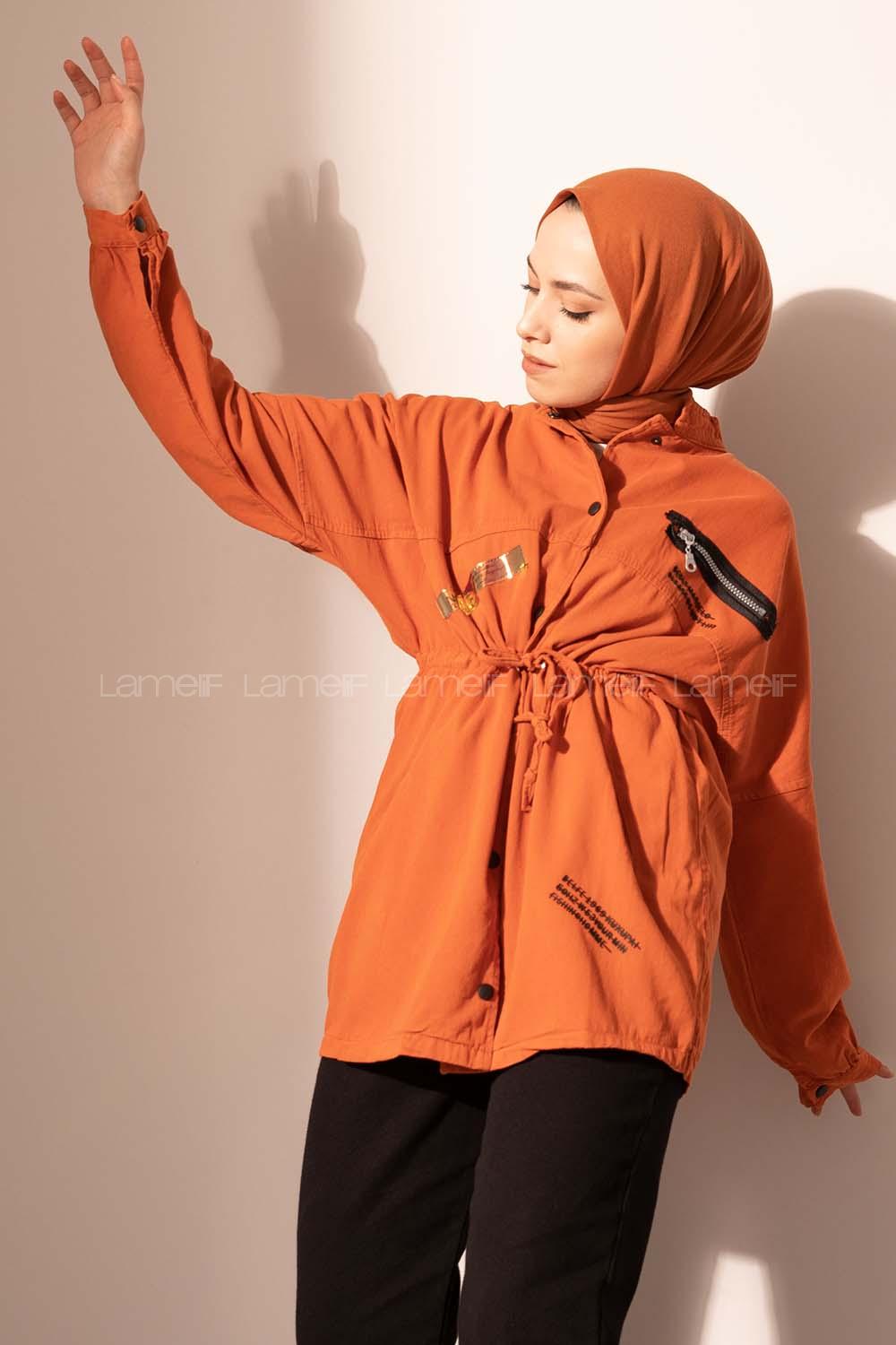 Modalamelif Kuşgözü Bağcıklı Gabardin Ceket Kiremit