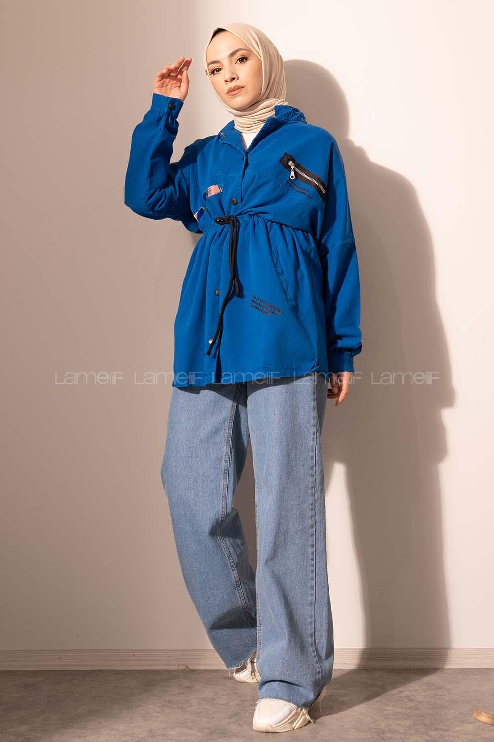 Modalamelif Kuşgözü Bağcıklı Gabardin Ceket Saks Mavisi