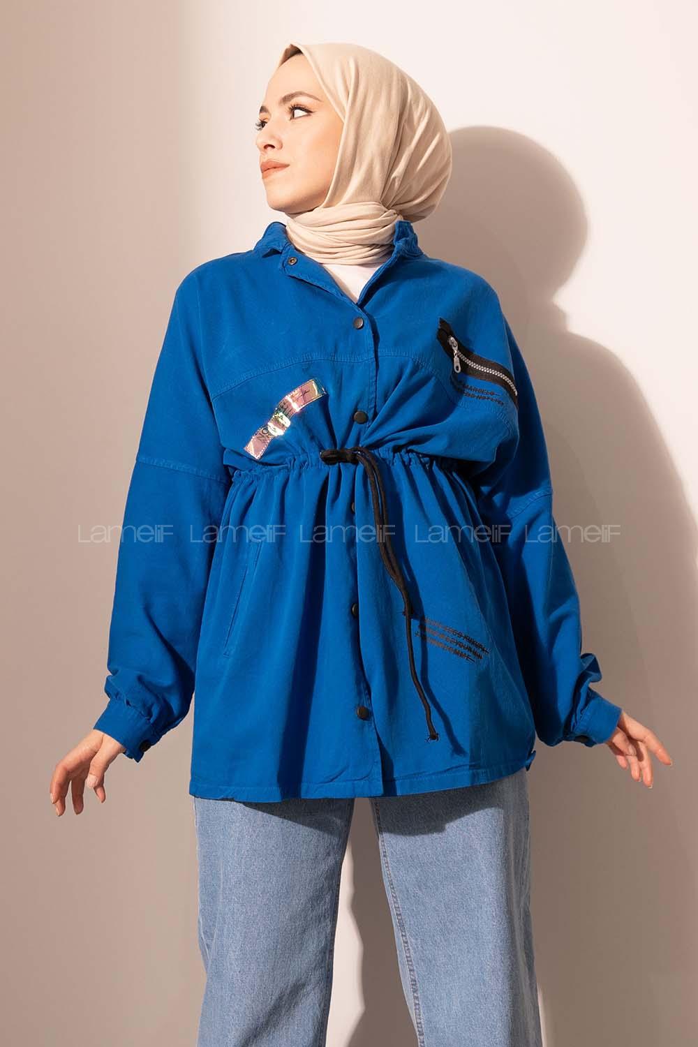 Modalamelif Kuşgözü Bağcıklı Gabardin Ceket Saks Mavisi