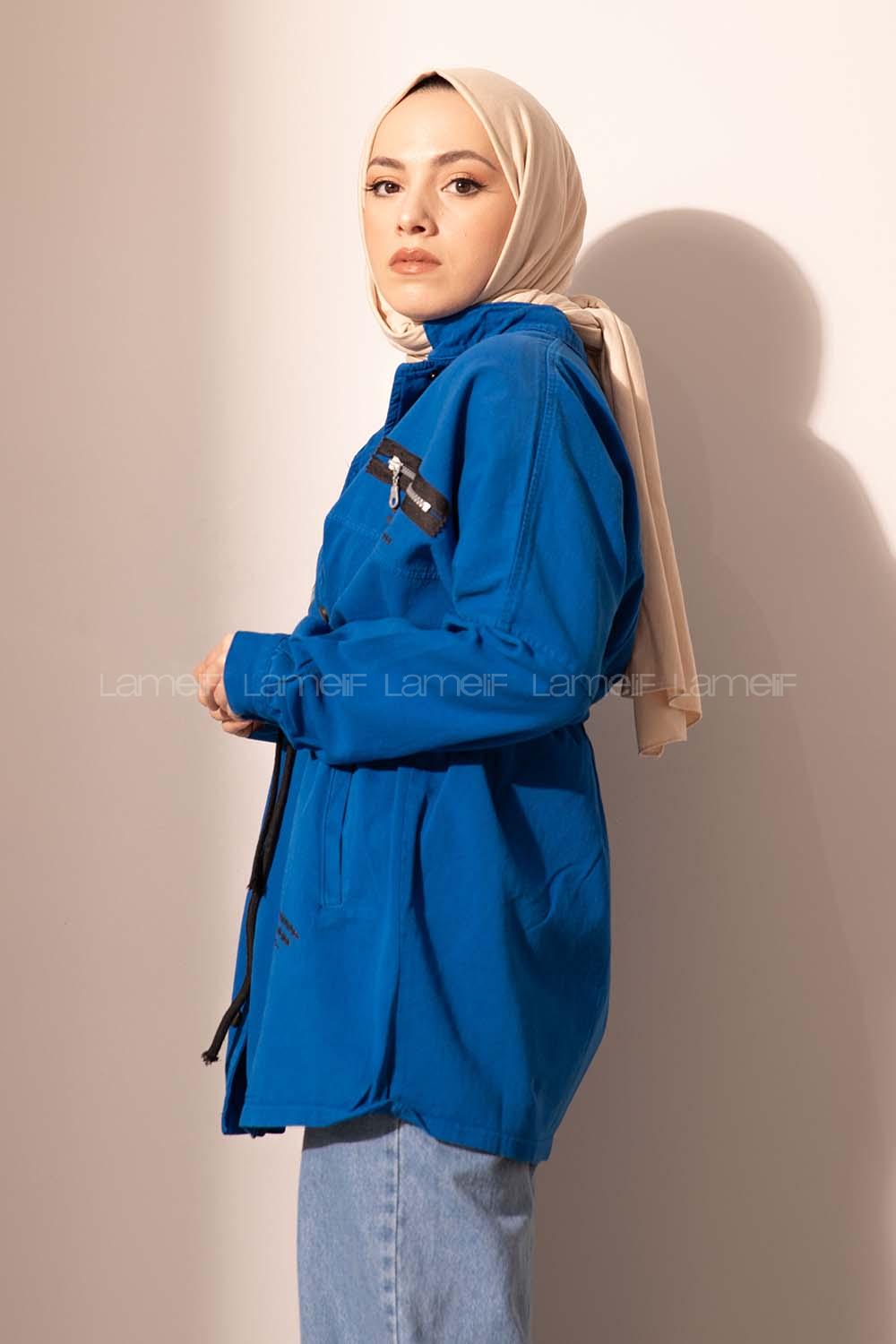 Modalamelif Kuşgözü Bağcıklı Gabardin Ceket Saks Mavisi