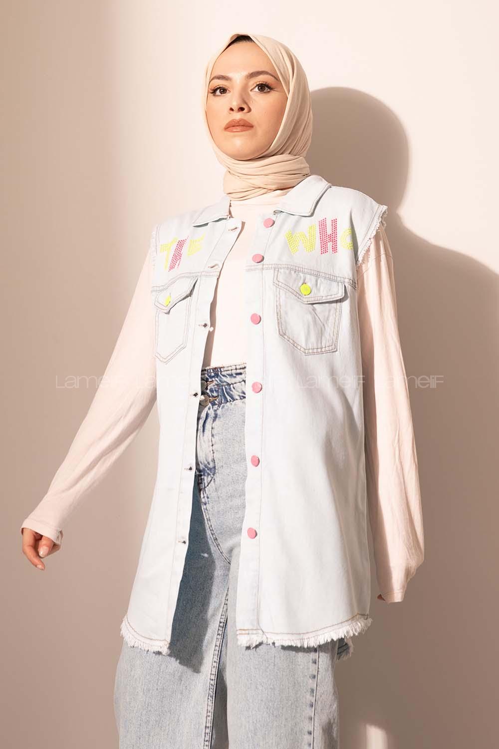 Modalamelif Neon Taşlı Kot Yelek Açık Mavi