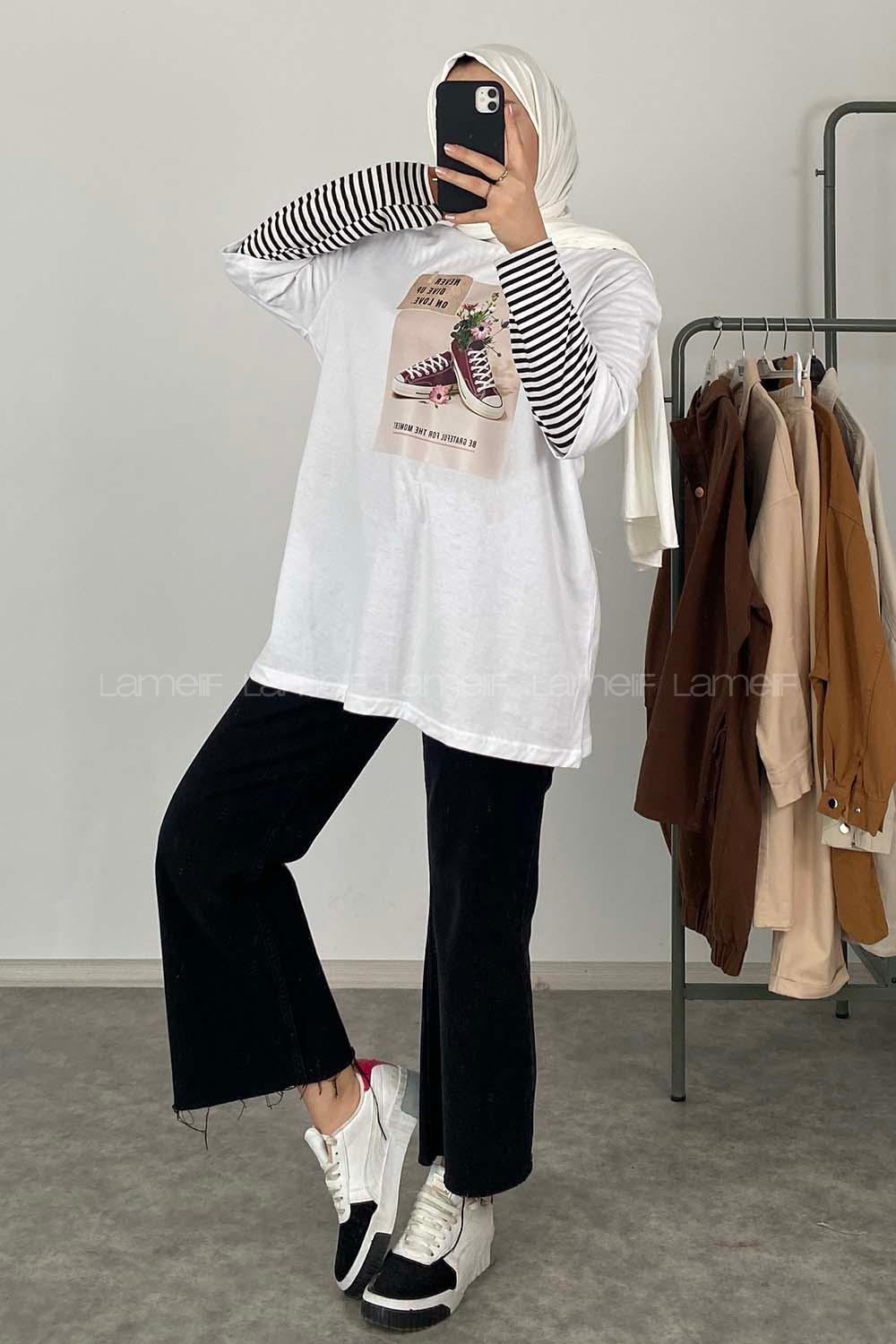 Modalamelif Never Give Up Baskılı Oversize T-Shirt Ekru