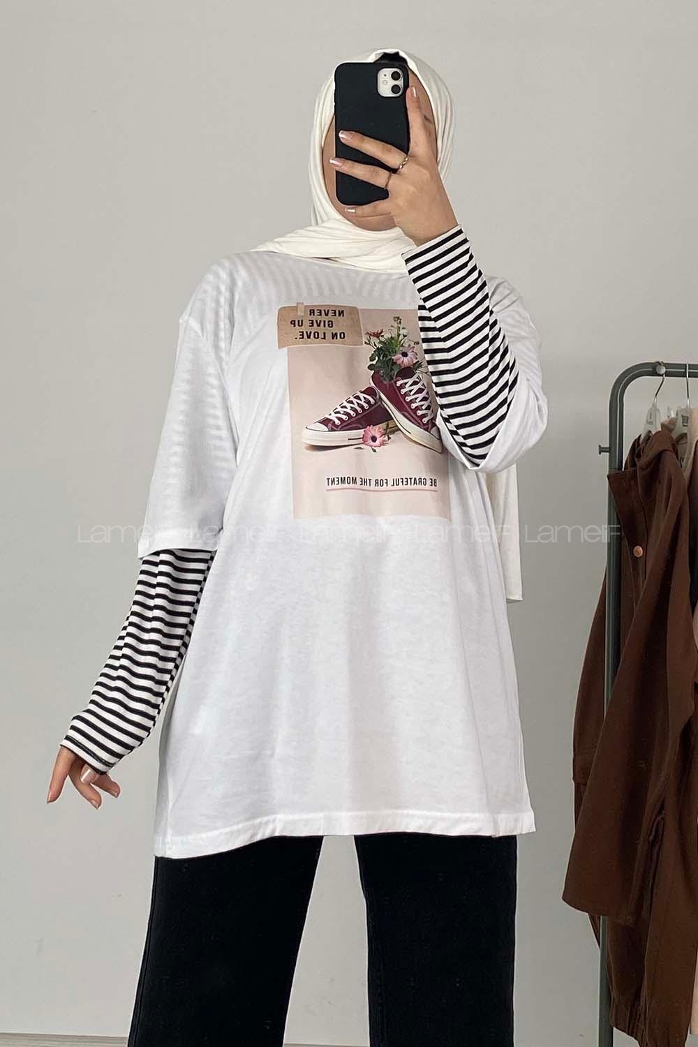 Modalamelif Never Give Up Baskılı Oversize T-Shirt Ekru