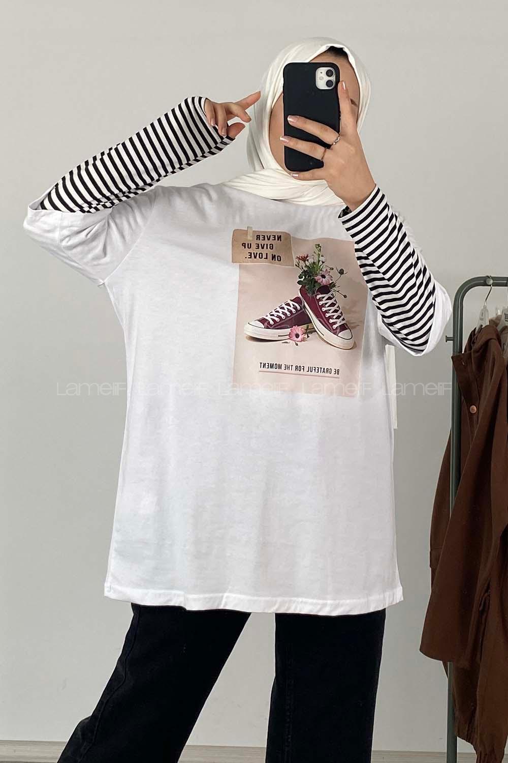 Modalamelif Never Give Up Baskılı Oversize T-Shirt Ekru