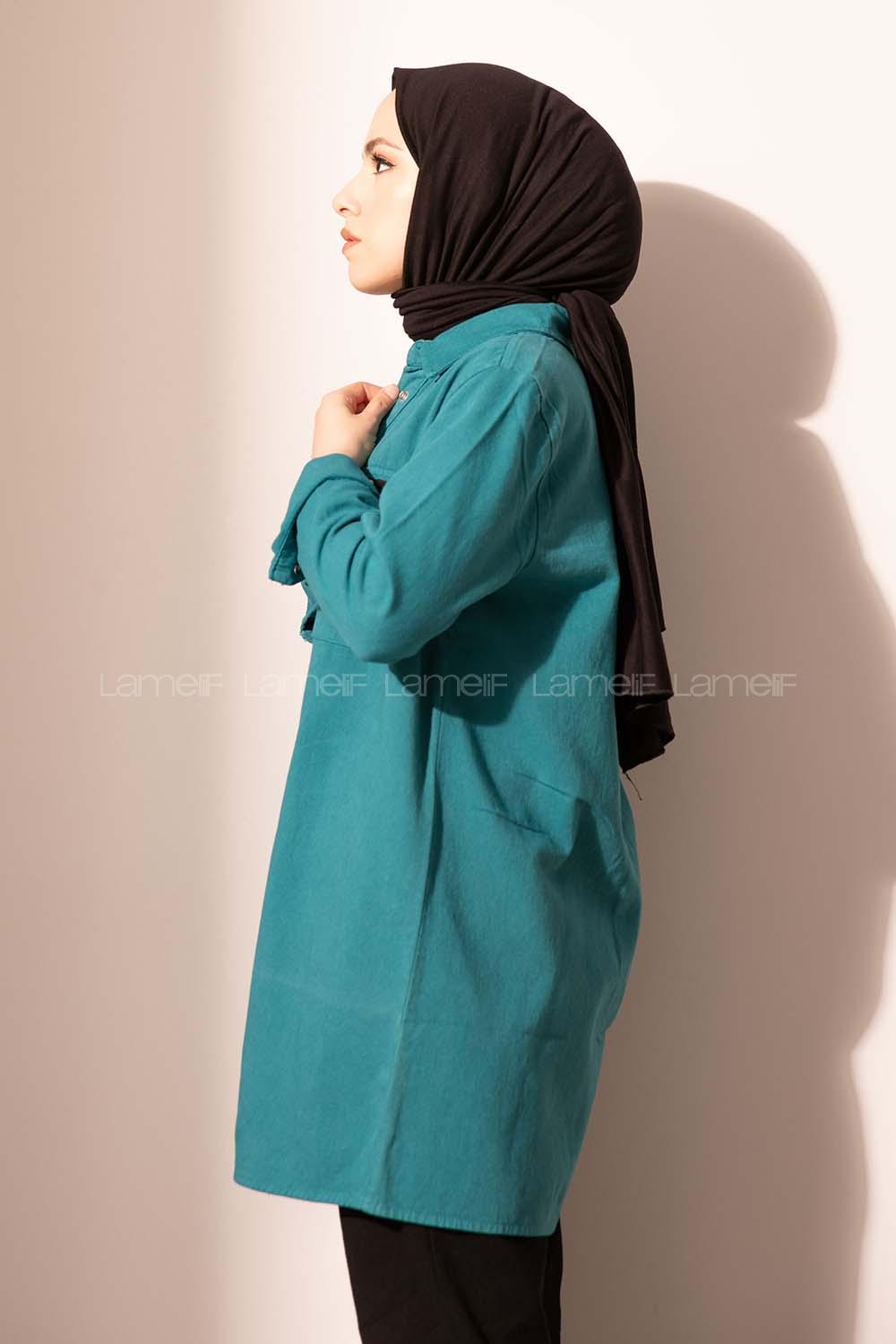 Modalamelif Önü Çıtçıt Düğmeli Çift Cepli Gabardin Ceket Turkuaz