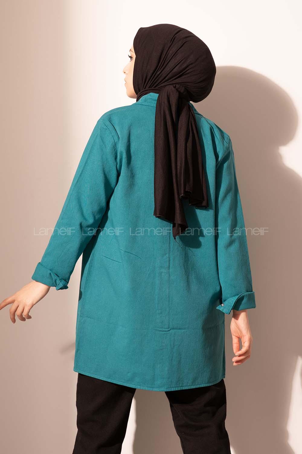 Modalamelif Önü Çıtçıt Düğmeli Çift Cepli Gabardin Ceket Turkuaz