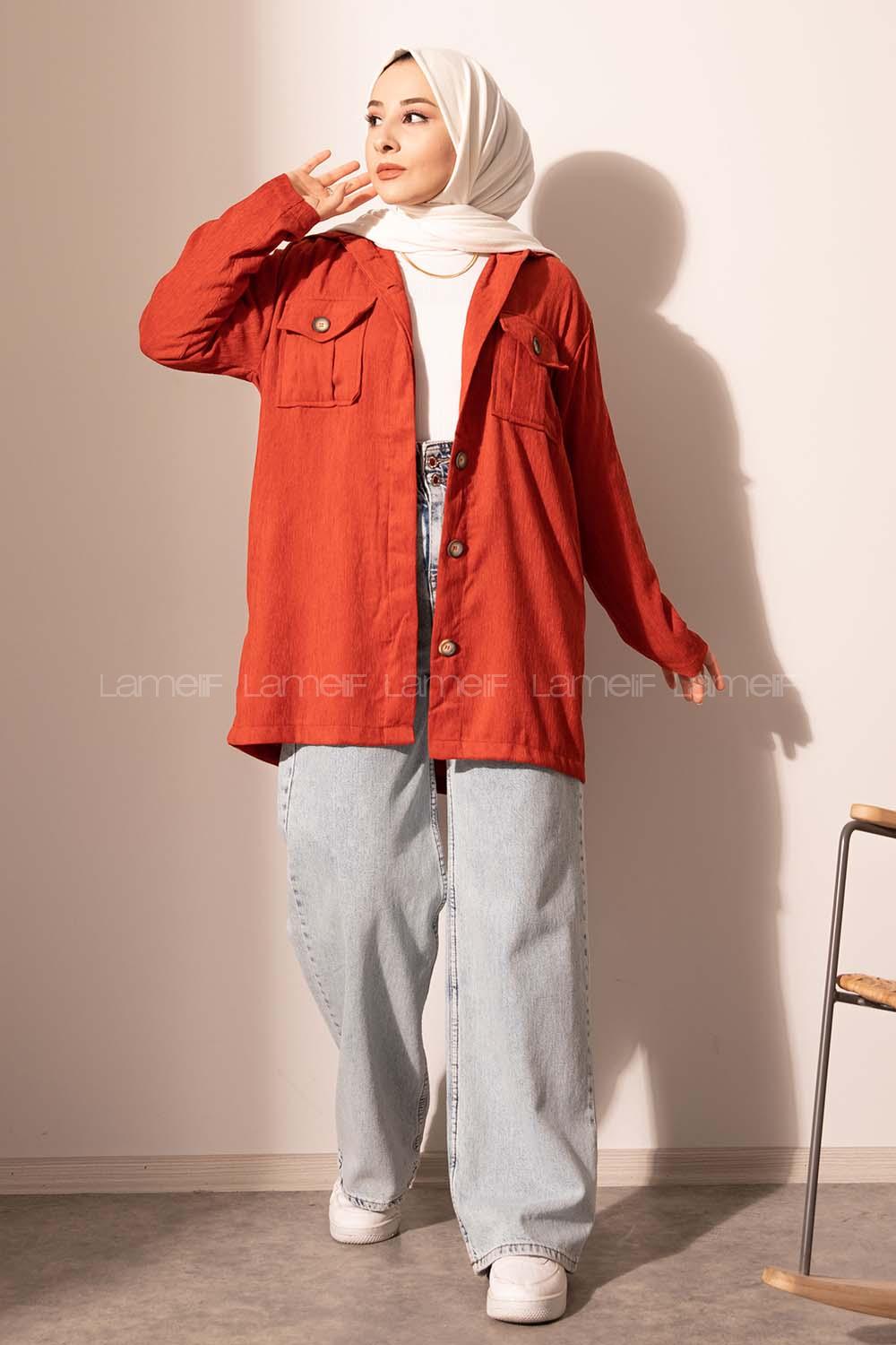 Modalamelif Önü Düğmeli Çift Cepli Gömlek Kiremit