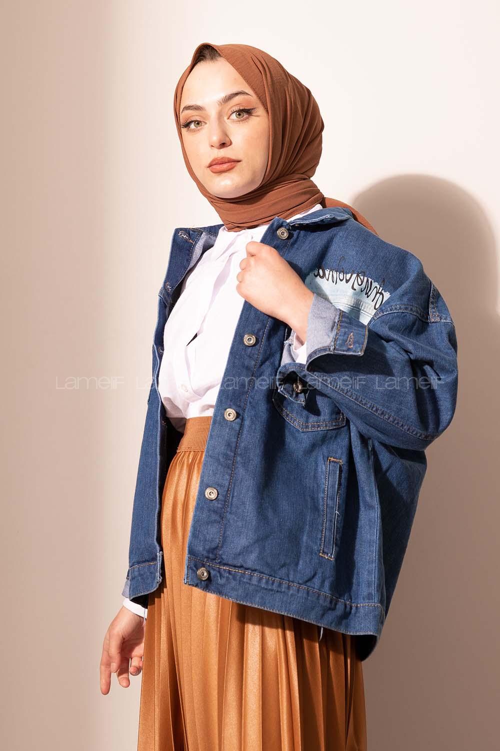 Modalamelif Önü Düğmeli Çift Cepli Kot Ceket Koyu Mavi