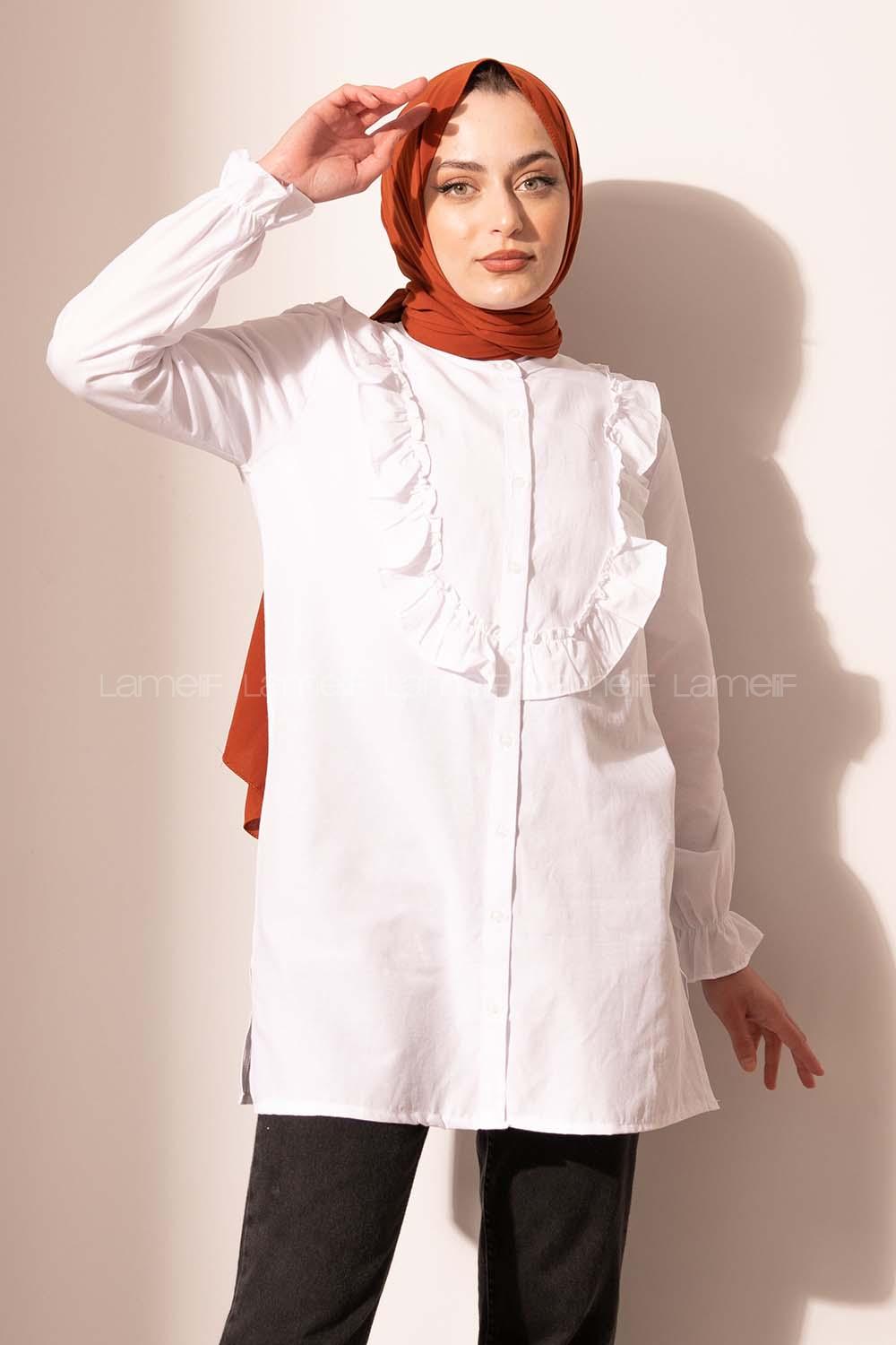 Modalamelif Önü Düğmeli Fırfırlı Tunik Beyaz