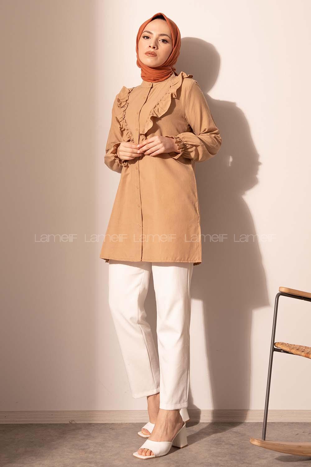 Modalamelif Önü Düğmeli Fırfırlı Tunik Camel