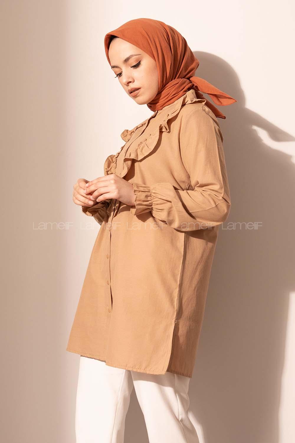 Modalamelif Önü Düğmeli Fırfırlı Tunik Camel