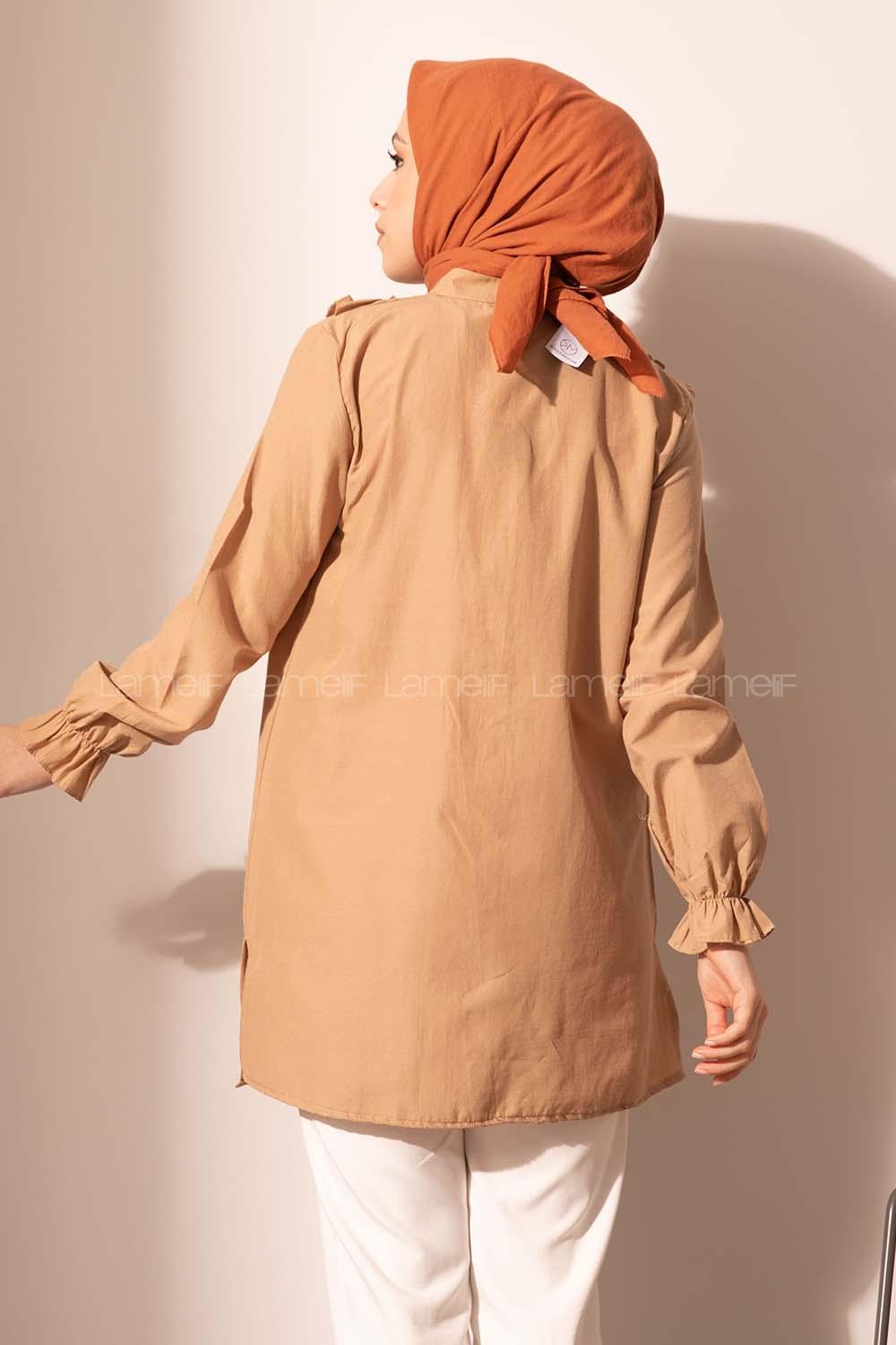 Modalamelif Önü Düğmeli Fırfırlı Tunik Camel