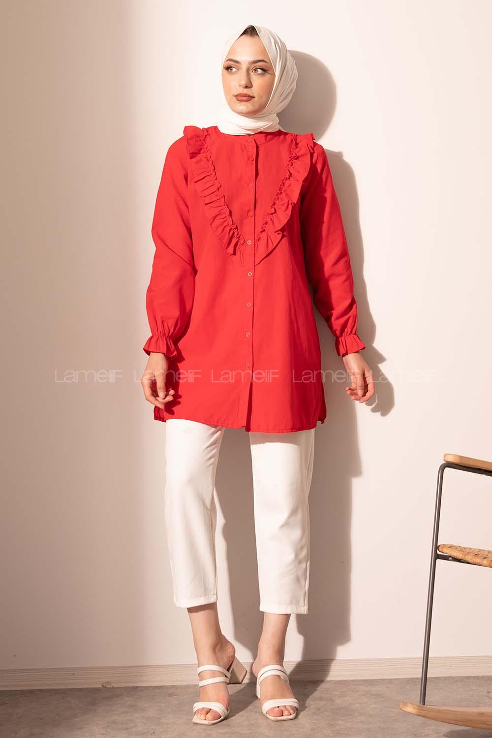 Modalamelif Önü Düğmeli Fırfırlı Tunik Kırmızı