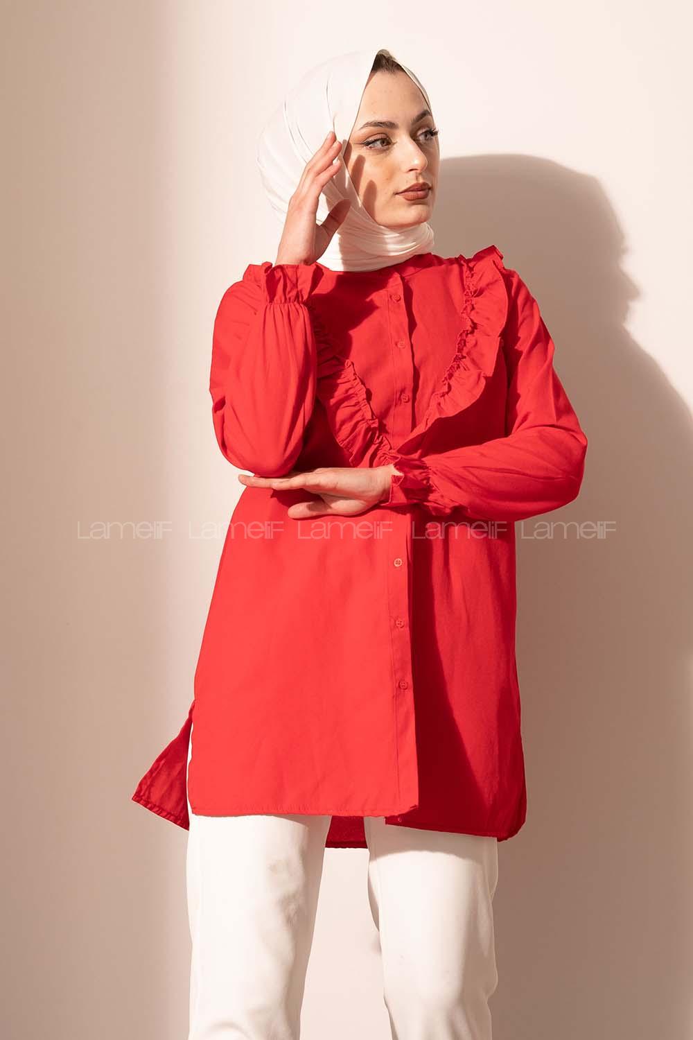 Modalamelif Önü Düğmeli Fırfırlı Tunik Kırmızı