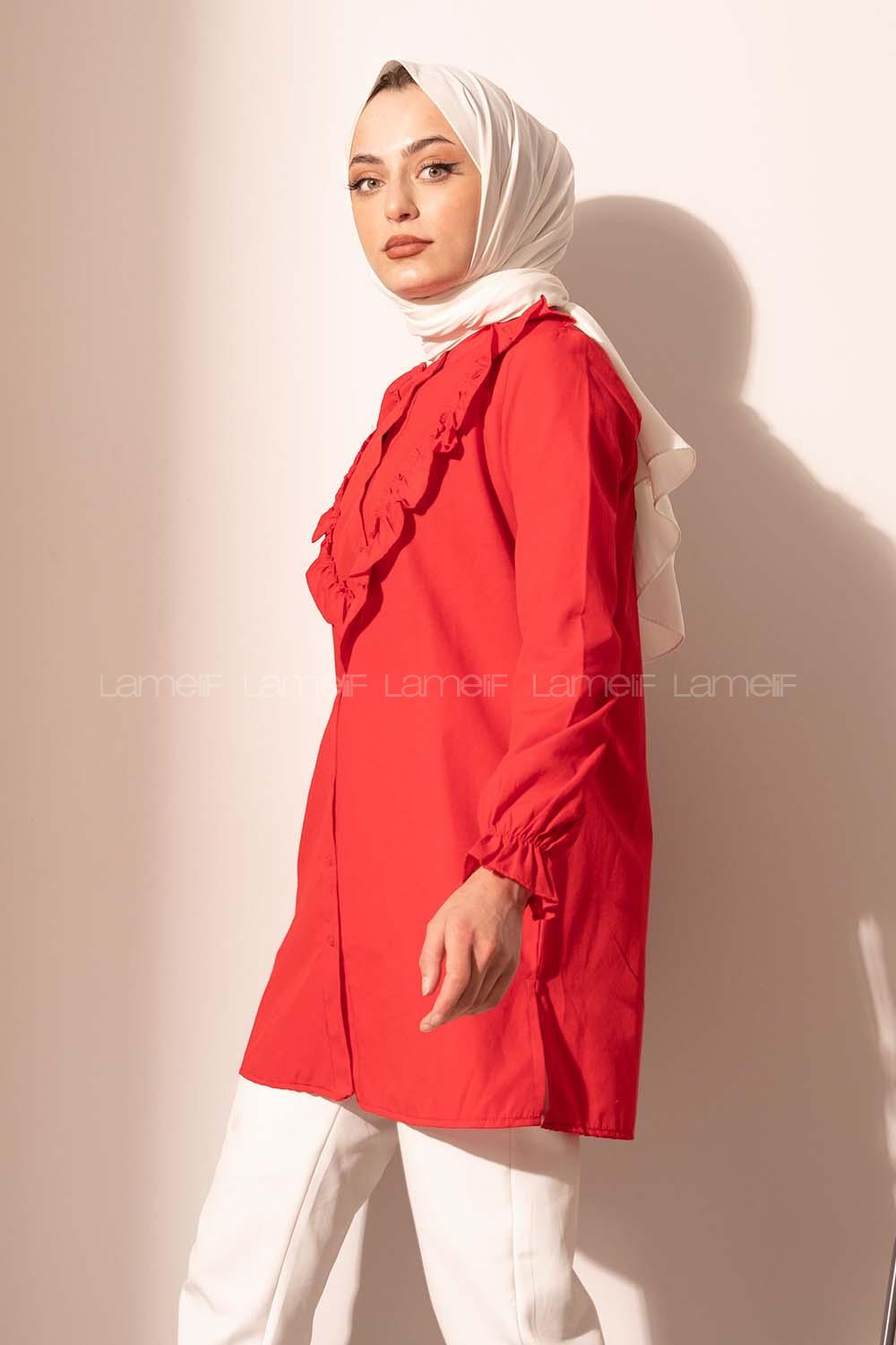 Modalamelif Önü Düğmeli Fırfırlı Tunik Kırmızı