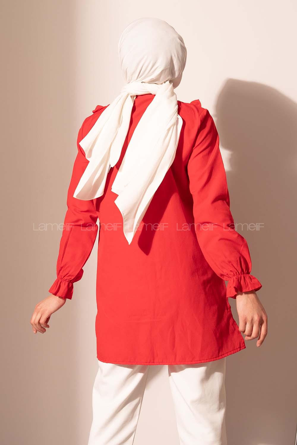 Modalamelif Önü Düğmeli Fırfırlı Tunik Kırmızı