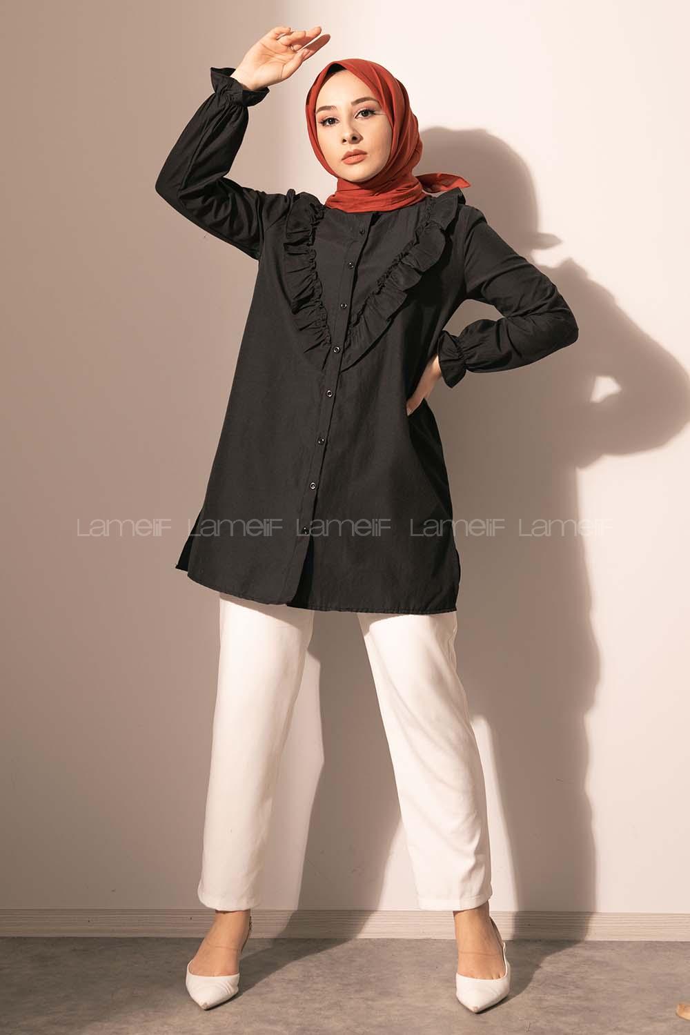 Modalamelif Önü Düğmeli Fırfırlı Tunik Siyah