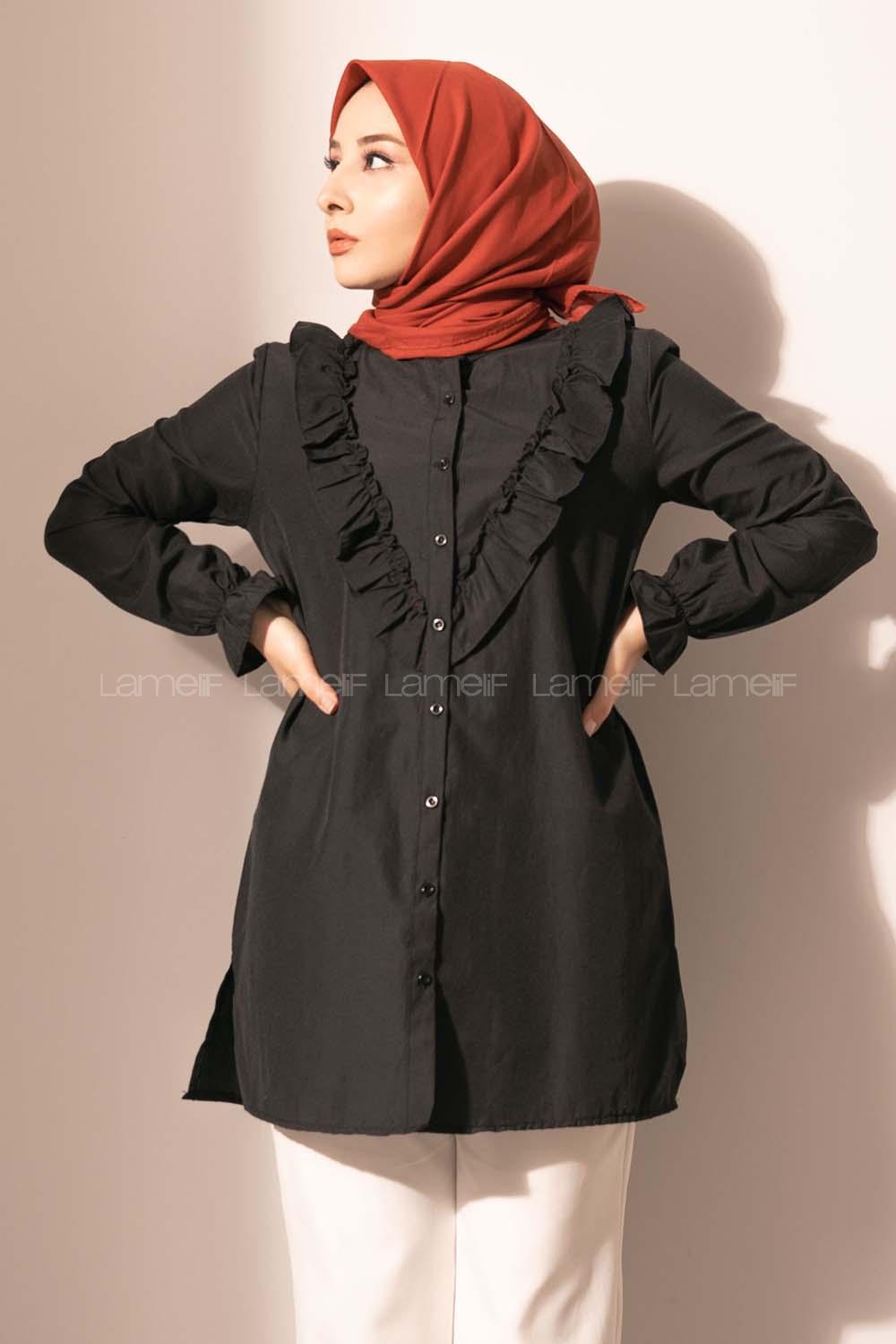 Modalamelif Önü Düğmeli Fırfırlı Tunik Siyah