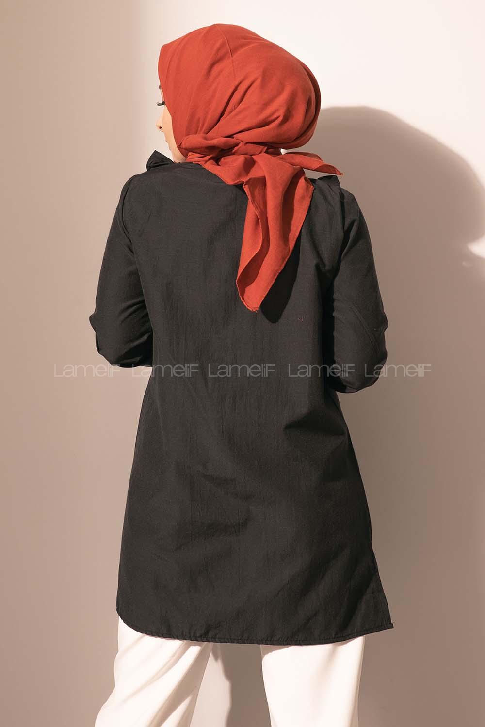 Modalamelif Önü Düğmeli Fırfırlı Tunik Siyah