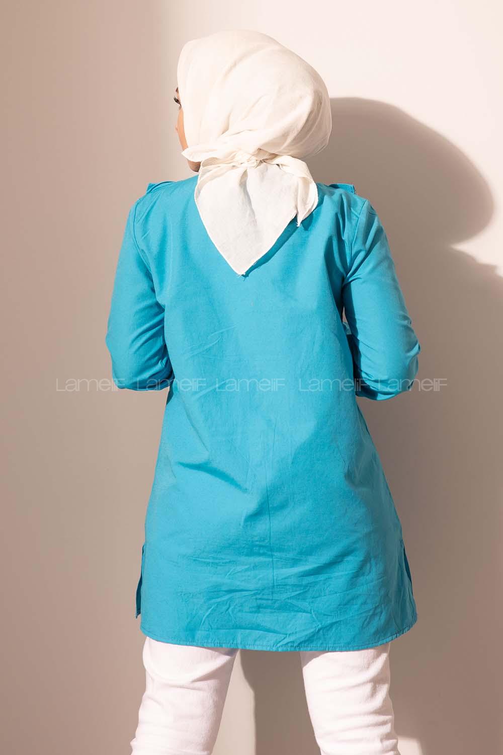 Modalamelif Önü Düğmeli Fırfırlı Tunik Turkuaz