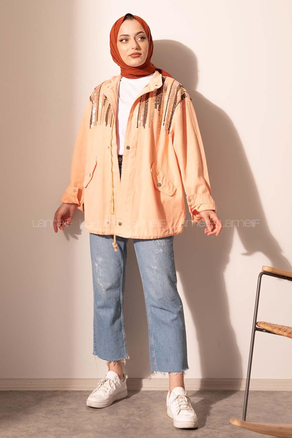 Modalamelif Payetli Etek Ucu Bağlamalı Ceket Soft Pudra