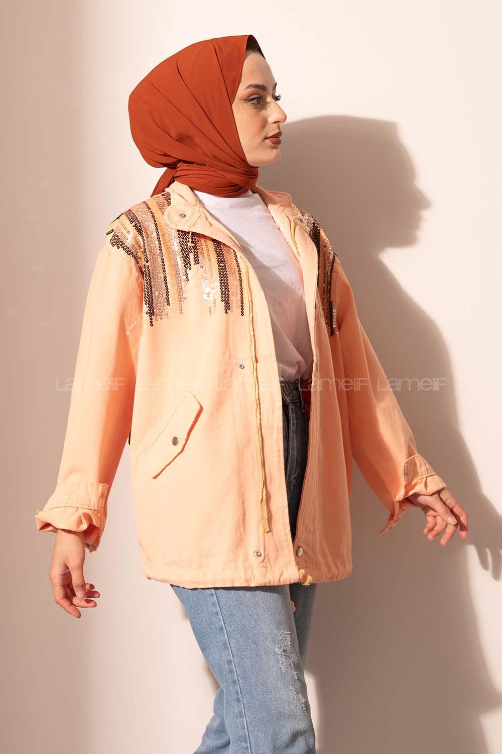 Modalamelif Payetli Etek Ucu Bağlamalı Ceket Soft Pudra