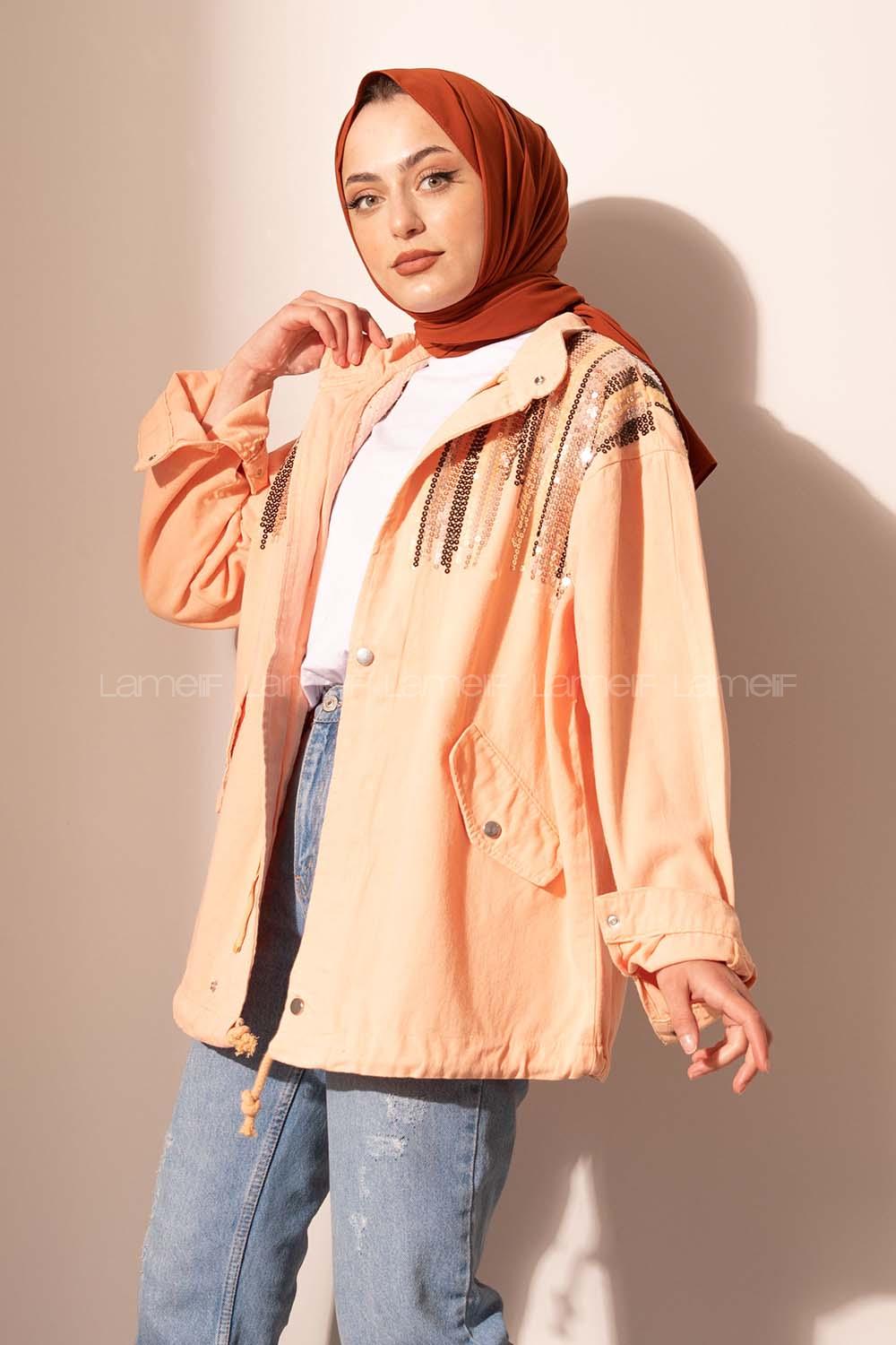 Modalamelif Payetli Etek Ucu Bağlamalı Ceket Soft Pudra