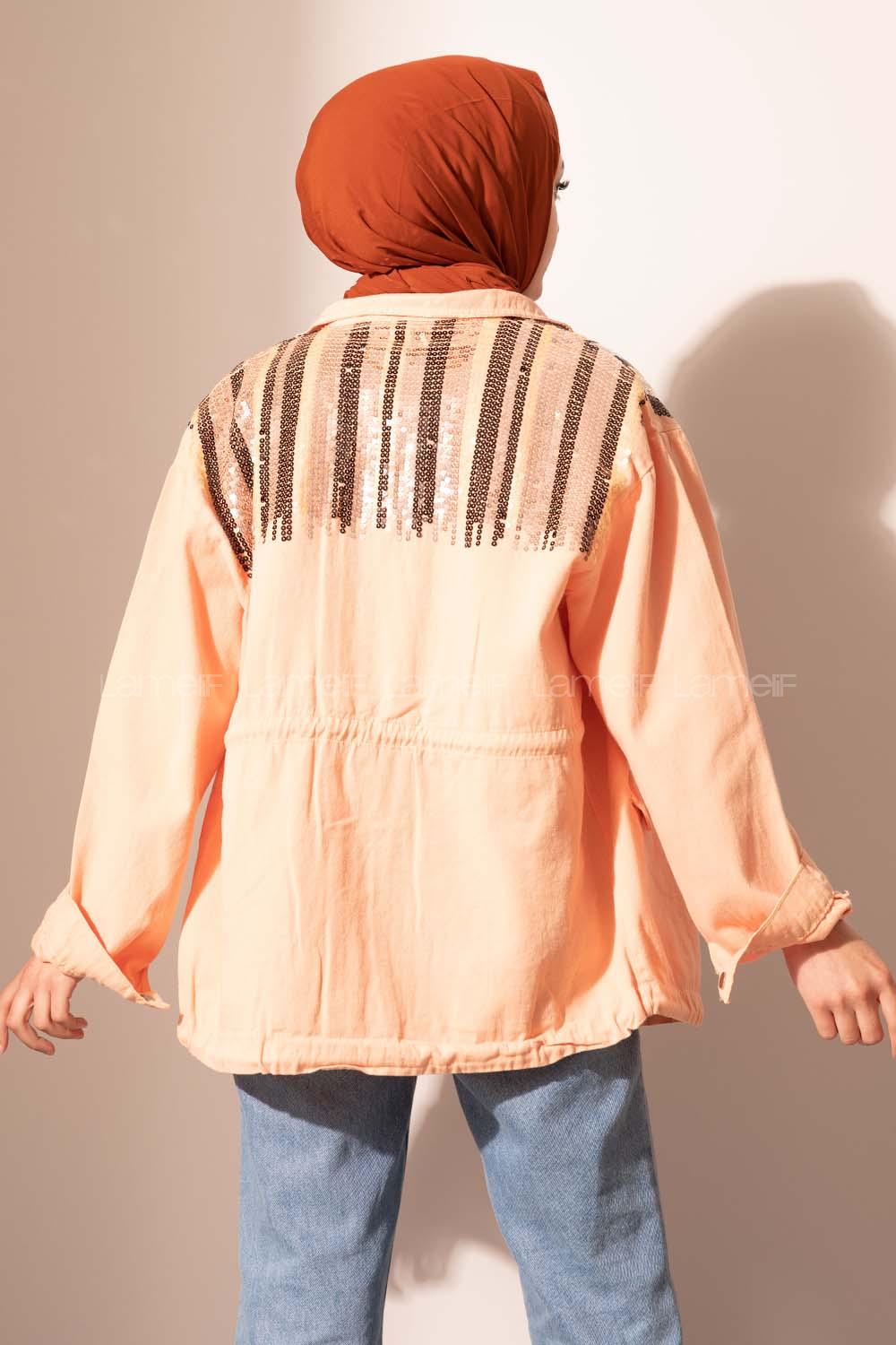 Modalamelif Payetli Etek Ucu Bağlamalı Ceket Soft Pudra