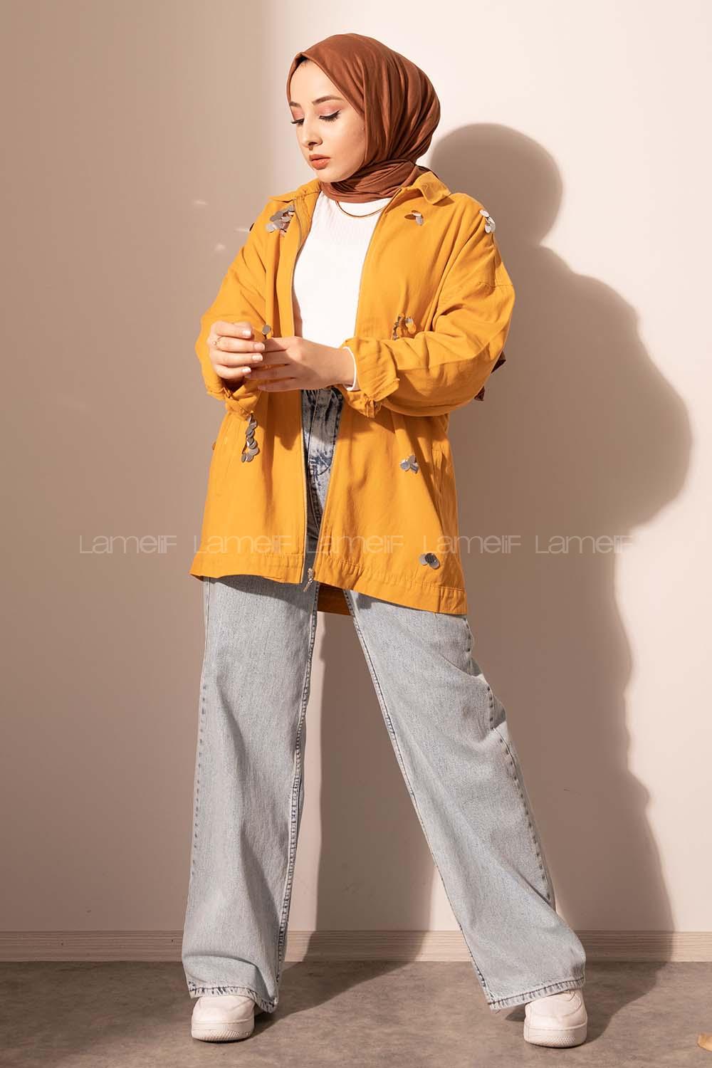 Modalamelif Pul Payetli Gabardin Ceket Hardal Sarısı