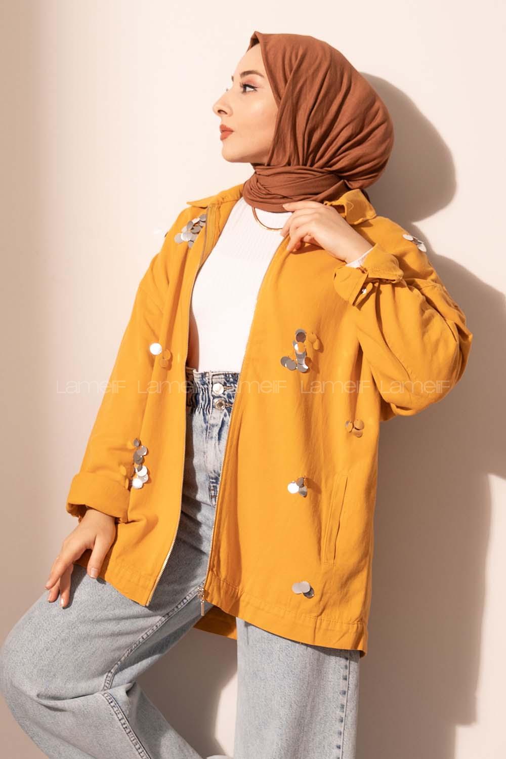 Modalamelif Pul Payetli Gabardin Ceket Hardal Sarısı