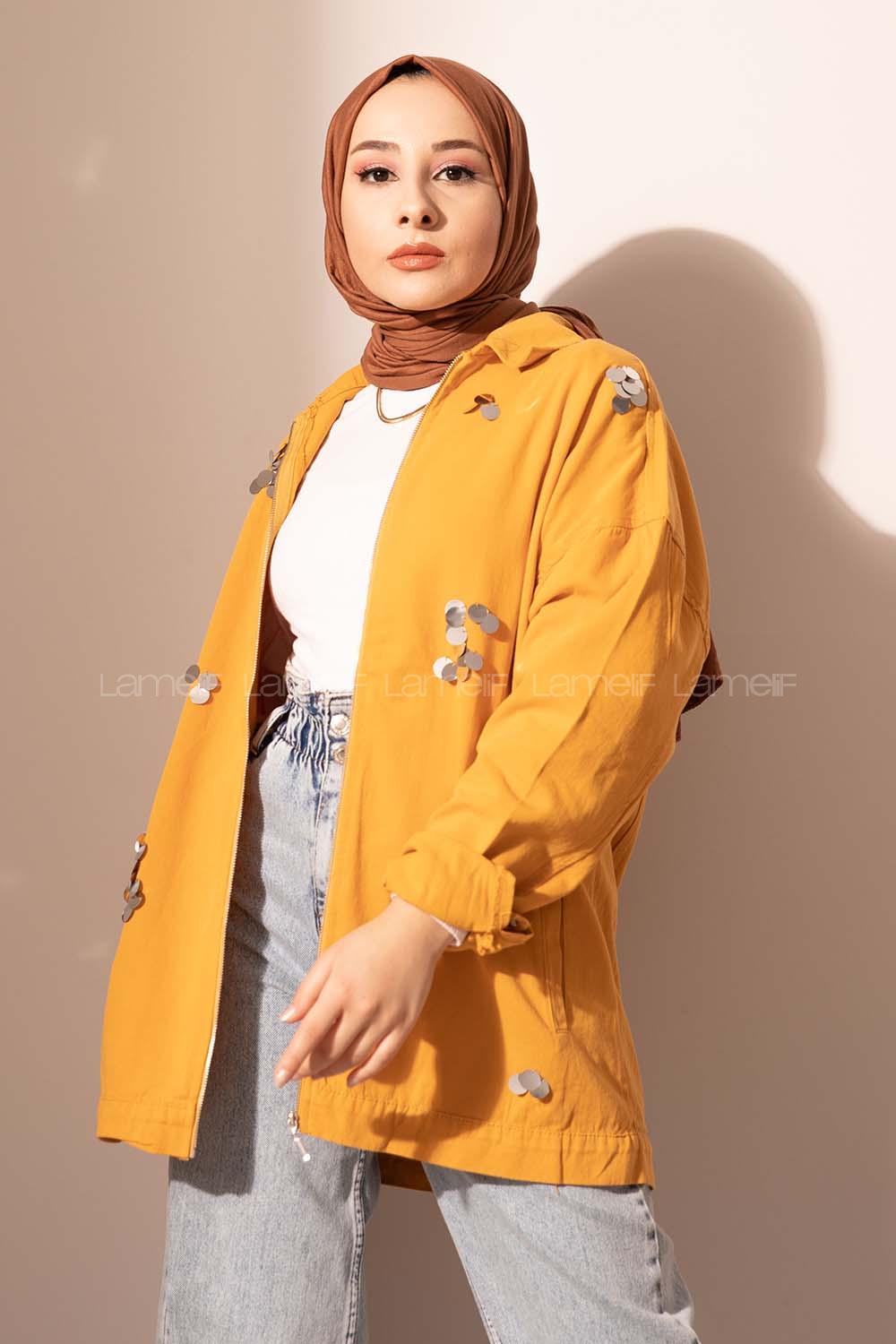 Modalamelif Pul Payetli Gabardin Ceket Hardal Sarısı