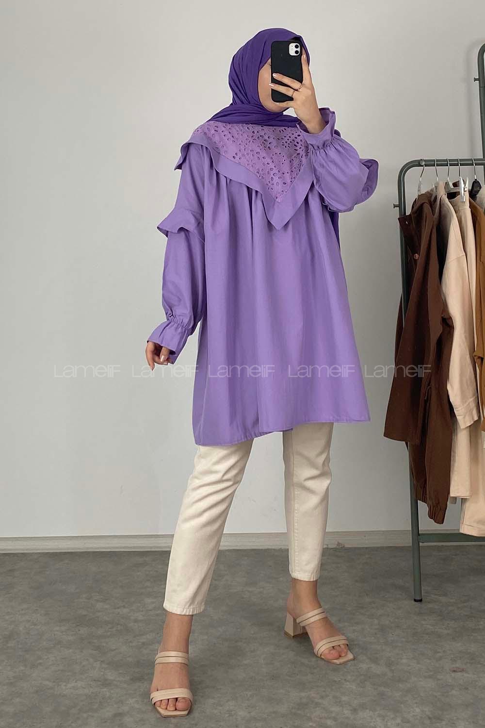 Modalamelif Yaka Fırfırlı Güpürlü Tunik Mor