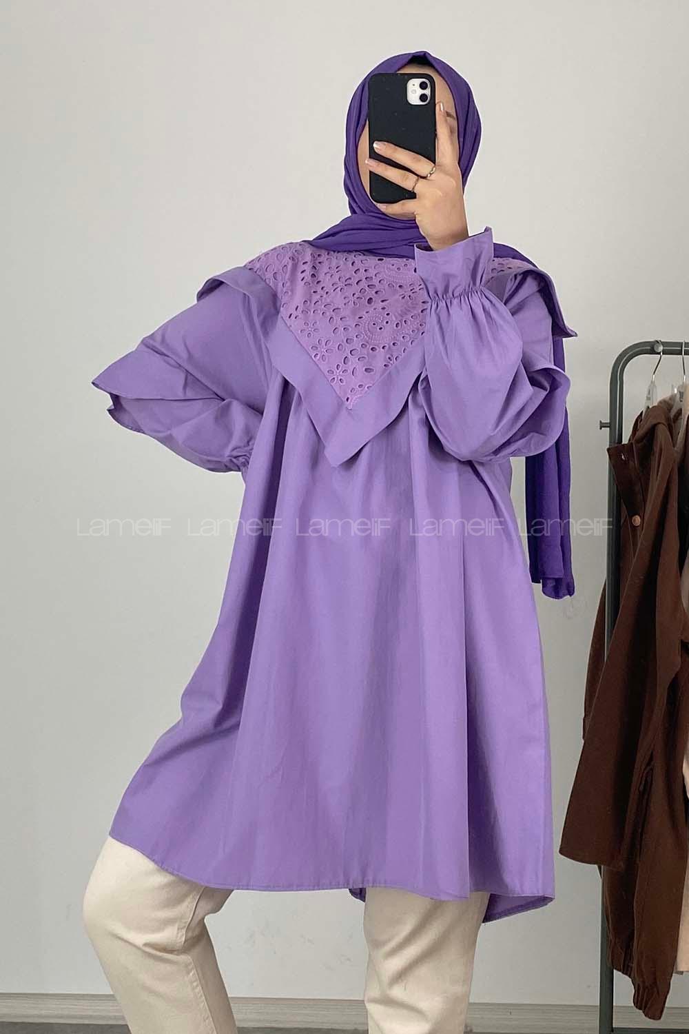 Modalamelif Yaka Fırfırlı Güpürlü Tunik Mor