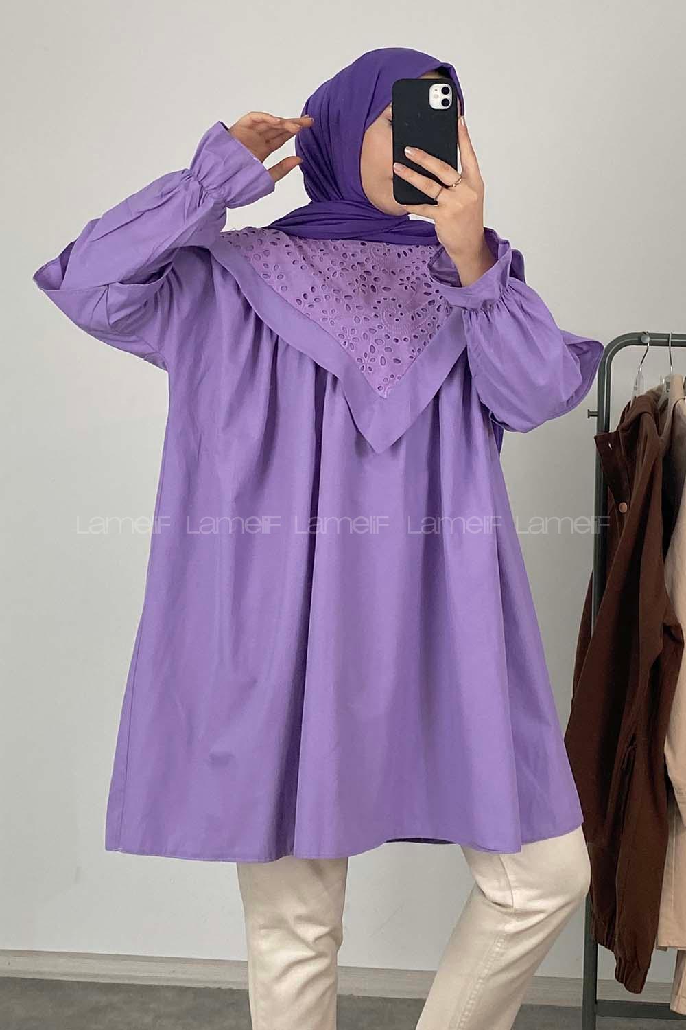 Modalamelif Yaka Fırfırlı Güpürlü Tunik Mor