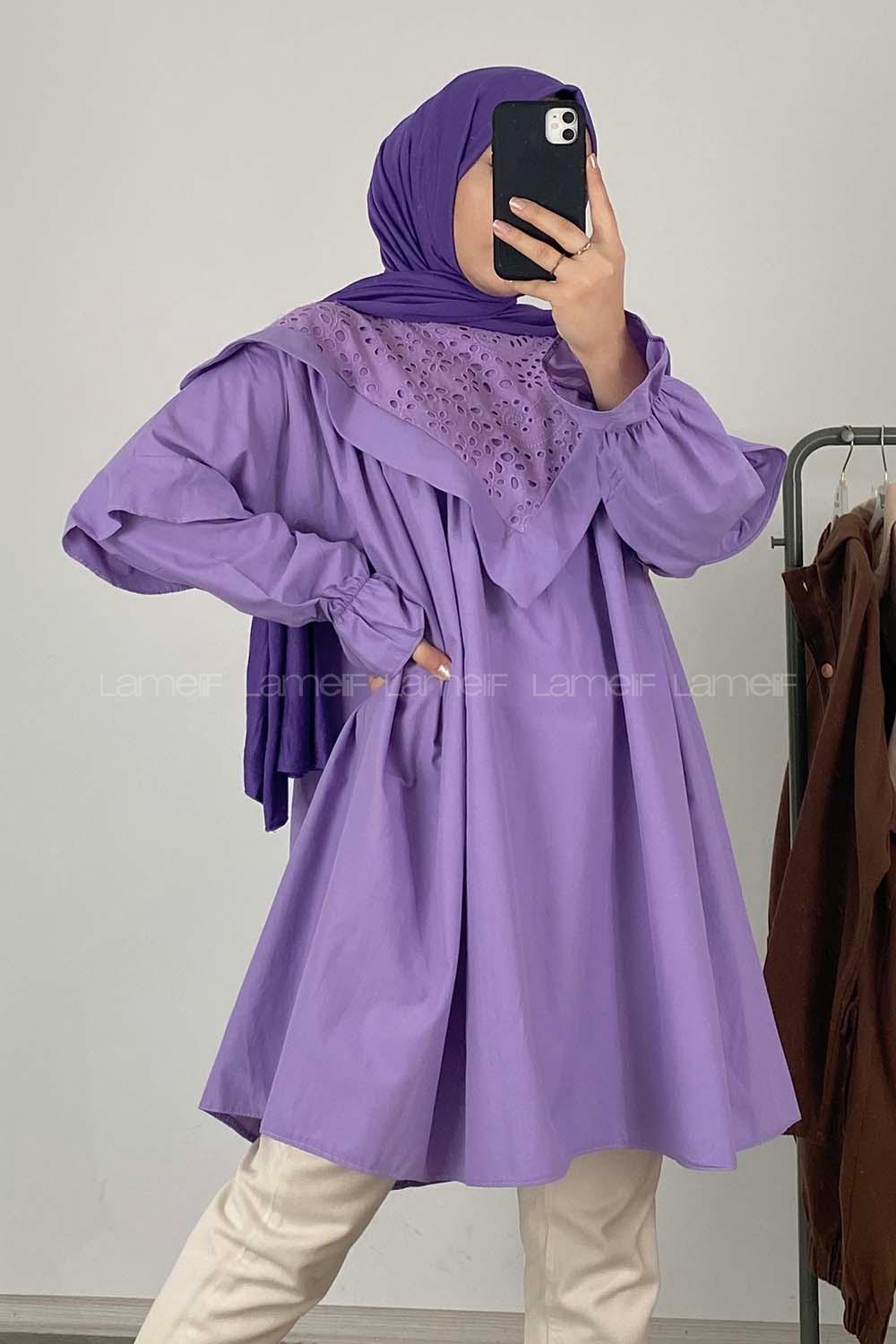 Modalamelif Yaka Fırfırlı Güpürlü Tunik Mor