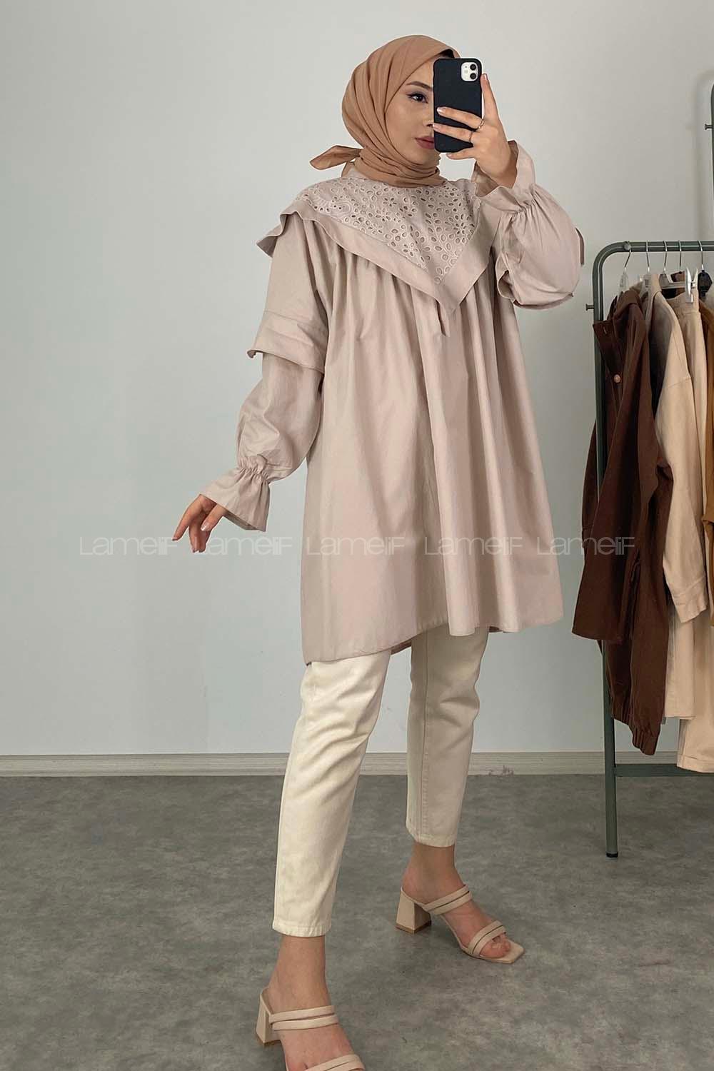 Modalamelif Yaka Fırfırlı Güpürlü Tunik Taş