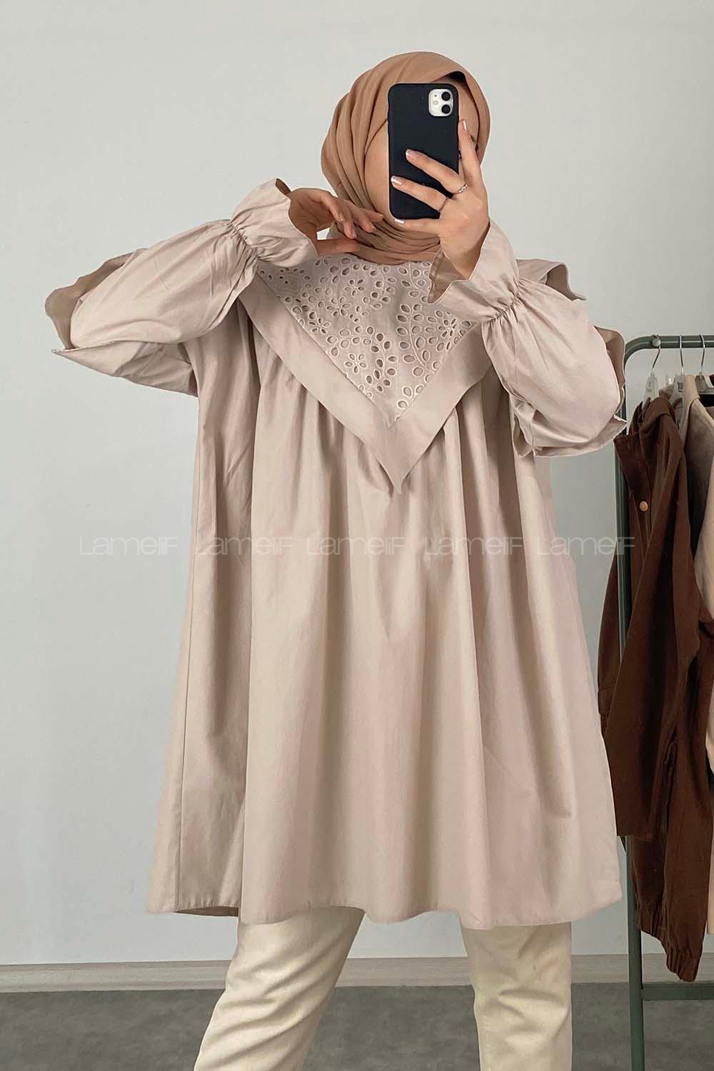 Modalamelif Yaka Fırfırlı Güpürlü Tunik Taş